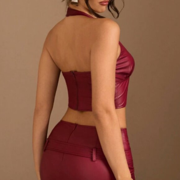 Women's 2-Piece Burgundy Leather Crop Halter & Bodycon Skirt Set - Size L - Picture 6 of 6
